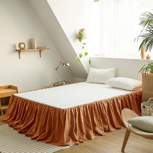 BISELINA French Linen Bed Skirt with Pleated Frills 14-Inch Tailored Drop Natural Flax Cotton Blend Dust Ruffle Soft Cozy Farmhouse Bedding (14" Queen, Rust)