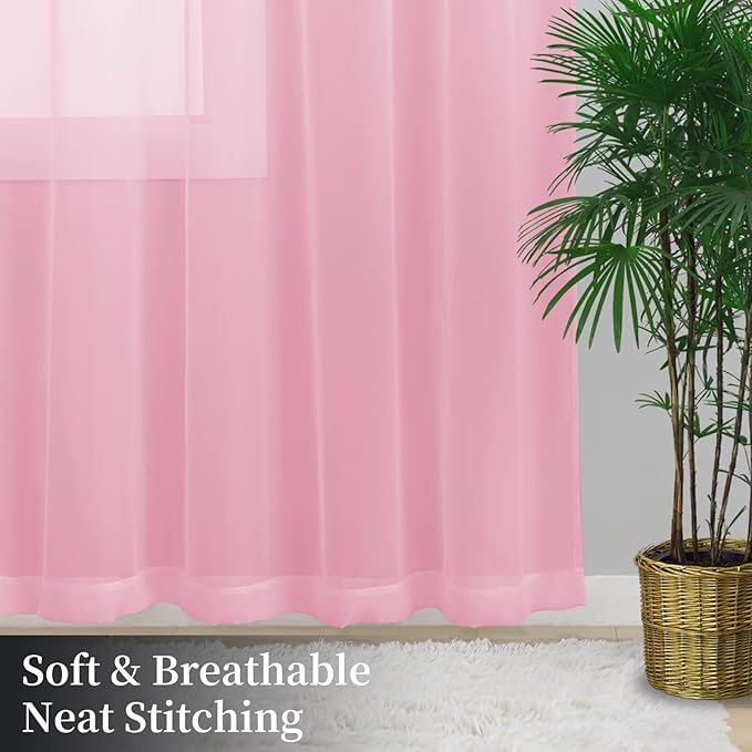 Sheer Curtains 63 Inches Long 2 Panels, Rod Pocket Short Curtain for Kitchen, Bedroom, Cafe Window(Pink 38" W x 63" L)