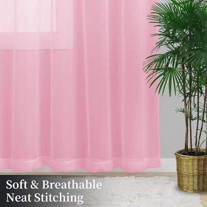 Sheer Curtains 45 Inches Long 2 Panels, Rod Pocket Short Curtain for Kitchen, Bedroom, Cafe Window(Pink 38" W x 45" L)