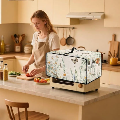 Butterfly Daisy Floral Print Microwave Oven Dust Cover Dust-Proof Heavy Duty Microwave Oven Cover with Storage Pockets Waterproof Decor Accessories for Kitchen, M