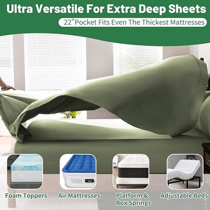 Extra Deep Pocket Queen Sheets 18-24 Inch 1000 Thread Count 100% Egyptian Cotton Sateen Weave Soft Breathable 4 Pieces（Queen,Olive Green）
