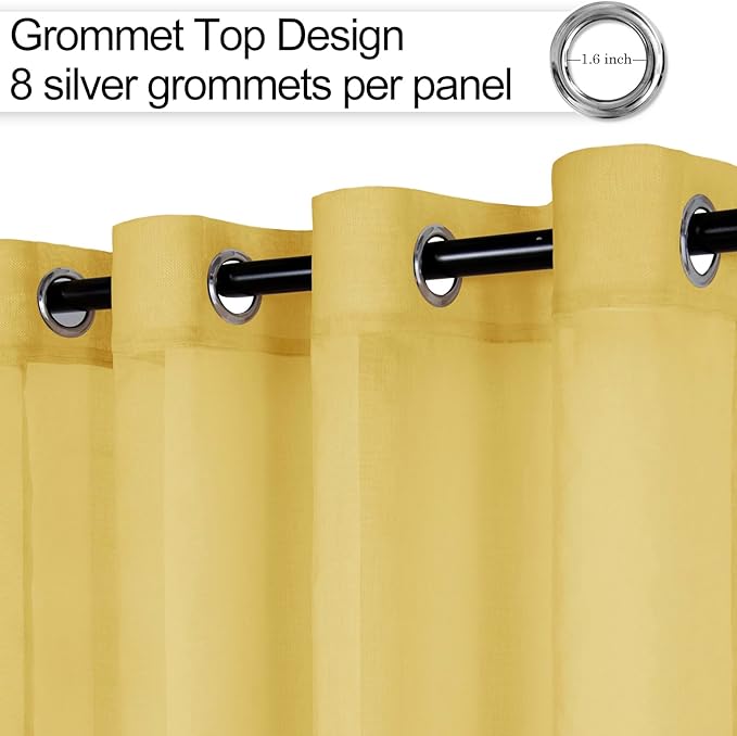 XWZO Sheer Curtains 84 Inches Length 2 Panels Set with Tiebacks, Grommet Top Semi Transparent Voile Lightweight Window Curtains for Bedroom, Living Room, Kids Room, W52 x L84, Yellow, Set of 2