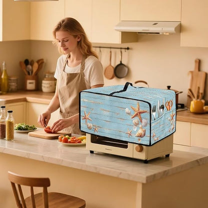 Dustproof Microwave Oven Cover Polyester-Linen Fabric Dust Cover for Microwave Oven Foldable Kitchen Machine Covers with Storage Pockets, Starfish Seashell Wood Grain Print, L