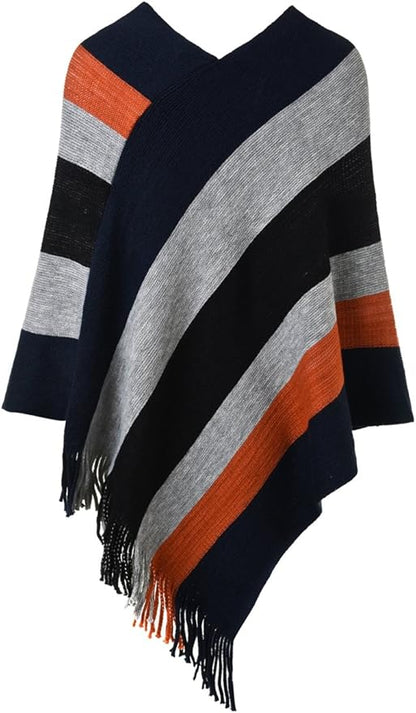 Ferand Women's Striped Poncho Sweater Cozy Knit Fringe Shawl Wraps for Fall Winter