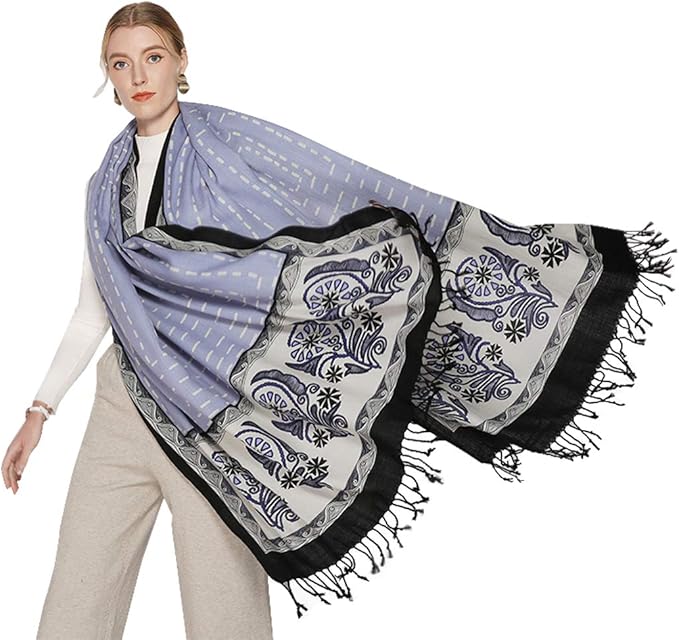 DANA XU 100% Merino Wool Pashmina Shawl for Women 96"x43", Oversized Cashmere Wrap with Tassels, Floral Travel Blanket Cape