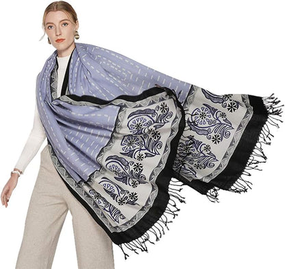 DANA XU 100% Merino Wool Pashmina Shawl for Women 96"x43", Oversized Cashmere Wrap with Tassels, Floral Travel Blanket Cape