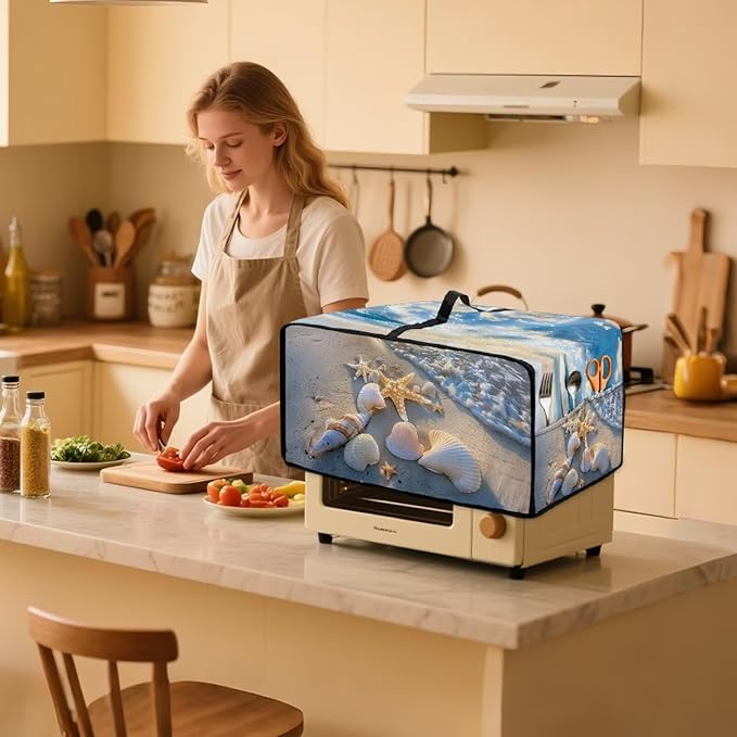 Air Fryer Toaster Oven Cover, Dust-Proof Small Kitchen Appliance Cover with Pockets, Kitchen Baking Accessories, L, 18.5 x 22.5 x 13 Inches, Beach Sea Shell Whelk Print
