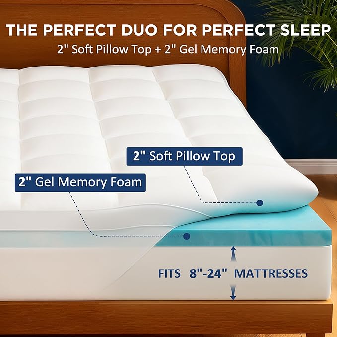 Full Size Dual Layer 4 Inch Memory Foam Mattress Topper, 2 Inch Gel Infused Memory Foam and 2 Inch Down Alternative Pillow Top Mattress Pad Cover, Medium Support for Back Pain & Side Sleep