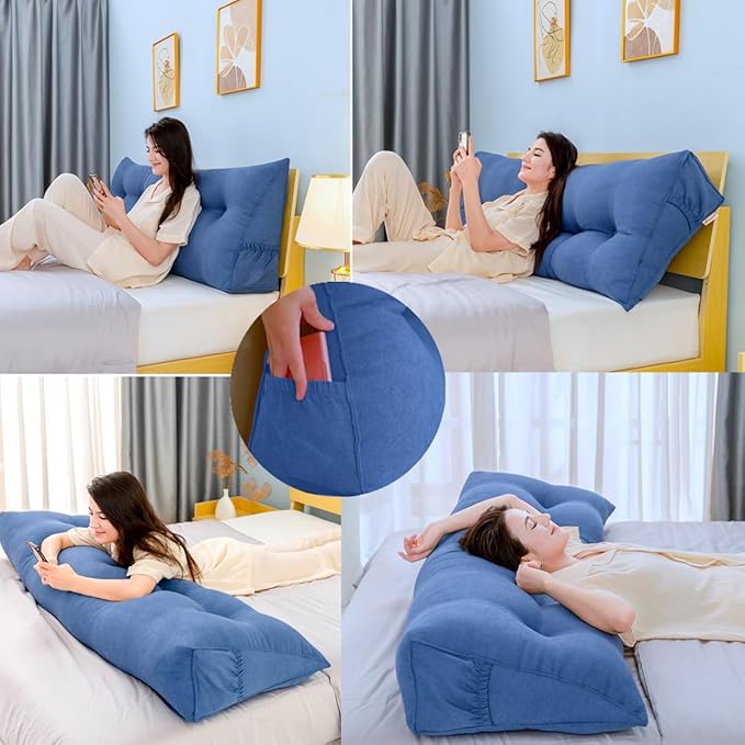 Triangular Reading Bed Rest Pillow Large Bolster Cushion Headboard Backrest Wedge Pillow with Removable Cover and Two Large Side Pockets (Lime, 47 x 8 x 20 inches)
