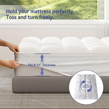 ELEMUSE Queen Mattress Topper for Back Pain, Extra Thick Mattress Pad Cover, Plush Soft Pillowtop with Elastic Deep Pocket, Overfilled Down Alternative Filling