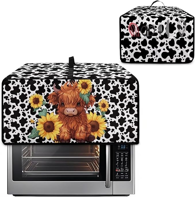 Microwave Oven Cover with Storage Pockets Waterproof Toaster Oven Dust Cover Universal Kitchen Appliance Protector, Cartoon Highland Cattle Sunflower Cow Print, M