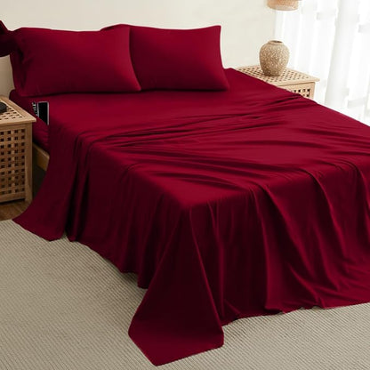 DREAMCARE Queen Size Sheets - Cooling Bed Sheets - 4pcs Set - up to 15" Deep Pocket Queen Sheet Set - Sheets Queen Size Bed - Soft & Long Lasting 100% Fine Brushed Polyester with Side Pocket -Brgndy