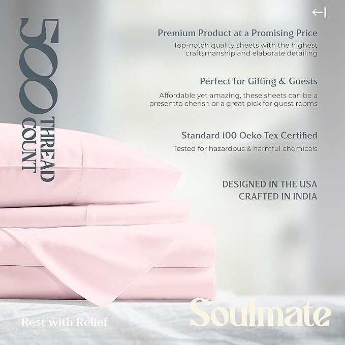 Mayfair Linen 500 Thread Count Twin XL Cotton Sheets - 3 PC Twin XL Size Bed Sheet Set Cotton (Blush), Soft, Cooling, Sateen Hotel-Quality 16" Deep Pocket Bedsheet for Hot Sleepers (Fits 18" Mattress)