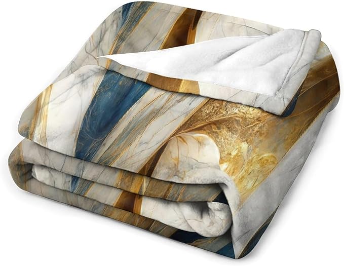 Abstract Marble Blanket, Modern Luxury Baroque Golden Blue White Stone Veins Pattern Soft Warm Cozy Plush Flannel Covers for Livingroom Bedroom Couch Chair Camping Travel Home Decor Tapestry 30x40in