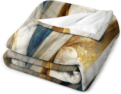 Abstract Marble Blanket, Modern Luxury Baroque Golden Blue White Stone Veins Pattern Soft Warm Cozy Plush Flannel Covers for Livingroom Bedroom Couch Chair Camping Travel Home Decor Tapestry 30x40in