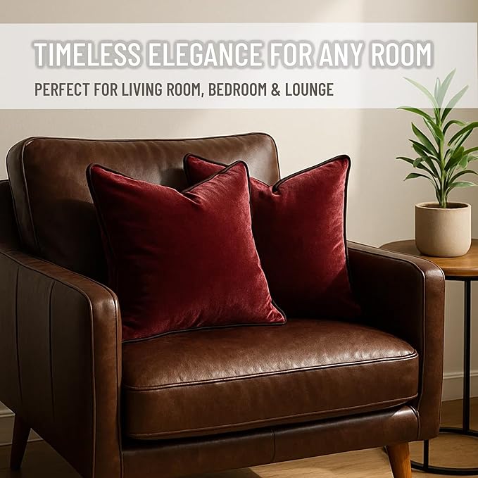2 Pack Velvet Decorative Throw Pillow Covers, 20"x20", Burgundy, Solid, Modern, Contrast Piping, Indoor Use, Bedroom & Living Room