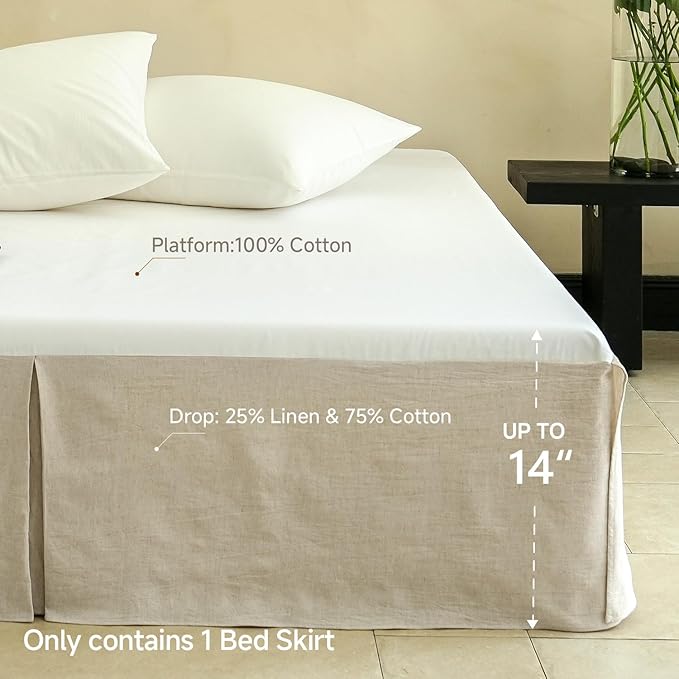 Simple&Opulence French Linen Bed Skirt with Classic 14 inch Drop Dust Ruffle, Tailored Draped Premium Natural Flax Cotton Blend Basic Dust Easy Fit Breathable Farmhouse Bedding (Queen, Basic Linen)