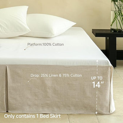 Simple&Opulence French Linen Bed Skirt with Classic 14 inch Drop Dust Ruffle, Tailored Draped Premium Natural Flax Cotton Blend Basic Dust Easy Fit Breathable Farmhouse Bedding (Queen, Basic Linen)