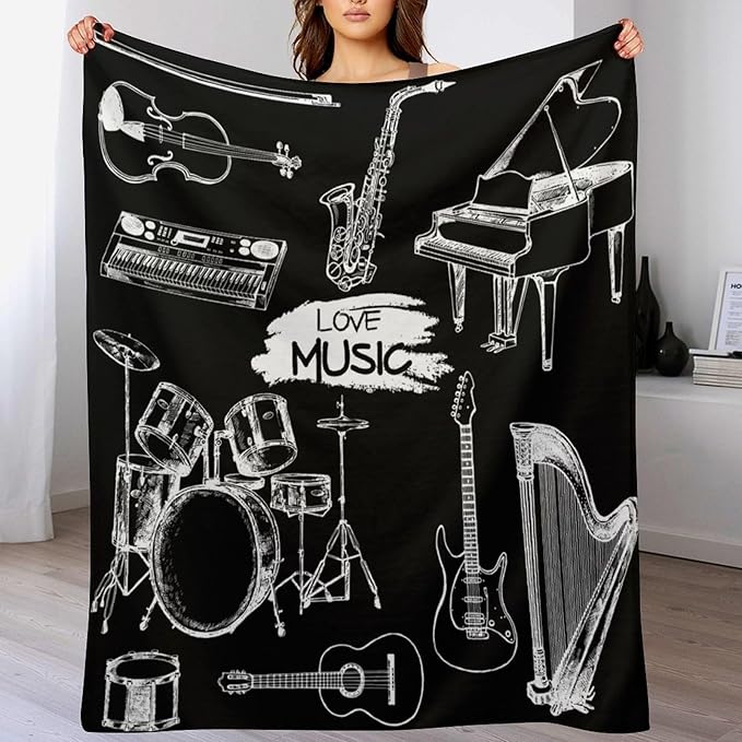 Music Blanket Drums Piano Guitar Black White Abstract Art Printed Soft Cozy Lightweight Throw Blanket for Kids Girls Boys Women Bedroom Living Room Dorm Chair Sofa Travel 70x80in