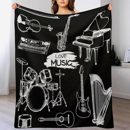 Music Blanket Drums Piano Guitar Black White Abstract Art Printed Soft Cozy Lightweight Throw Blanket for Kids Girls Boys Women Bedroom Living Room Dorm Chair Sofa Travel 70x80in