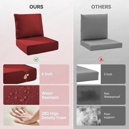 Luxury 6" Outdoor Cushions for Patio Furniture, 24x24x6" Thick Seat Cushion Set of 5, Fade Resistant Couch Chair Replacement Cushions High Density Deep Wicker Chair Cushion w/ Removable Cover, Red
