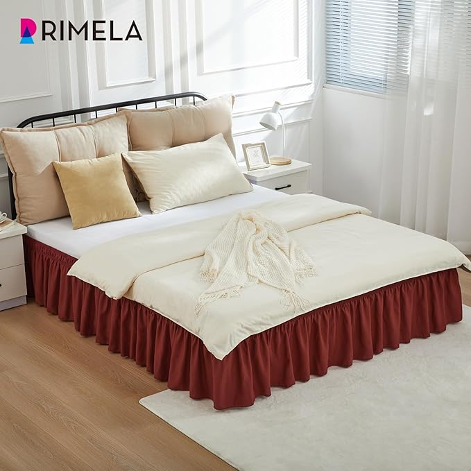 RIMELA Wine Red Bed Skirt Queen Size 15 Inch Drop, Elastic Bed Skirting for Bed Base and Frame, Bedding Dust Ruffle Easy to Install,Wrap Around Adjustable Bedskirt,Christmas Bedroom Decor