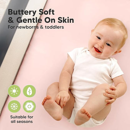 2-Pack Waterproof Pack and Play Sheets, Mini Crib Sheets Fitted for Boy, Girl - 38 x 26 Viscose from Bamboo Pack N Play Mattress Sheets for Graco, Toddler Playard Baby Crib Sheets Neutral (Mist Rose)