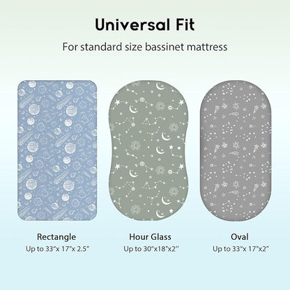 Baby Bassinet Sheets Girl Boy, Fitted Bassinet Sheet Set 3 Pack Bassinet Mattress Sheets Universal Fit for Rectangle, Round, Oval, Hourglass Mattress, Soft Breathable Green Gray Constellation