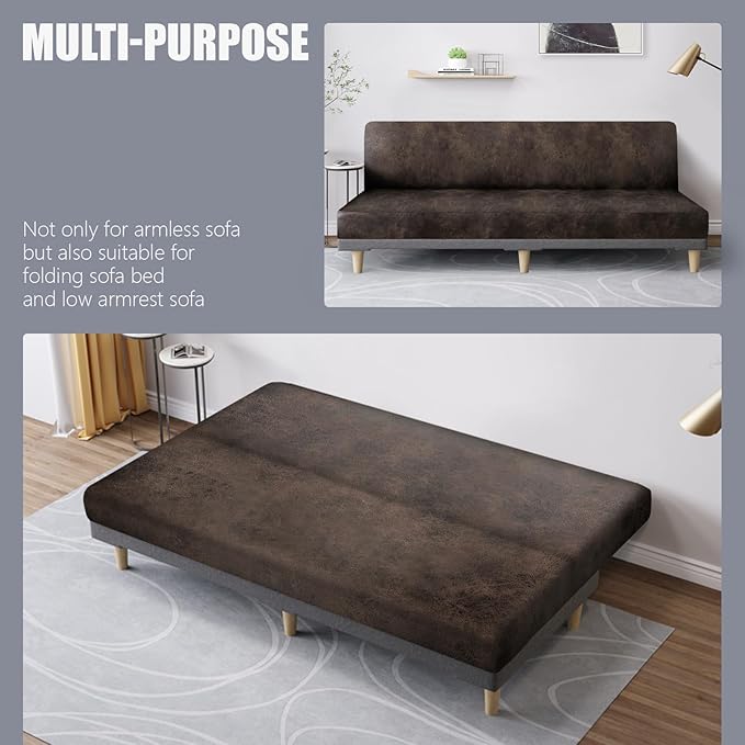 molasofa Leather Like Stretch Futon Slipcover Armless Futon Bed Sofa Cover Furniture Protector with Elastic Bottom, Soft and Washable Futon Cover for Sofa Bed Stay in Place（X Larger，Dark Brown）