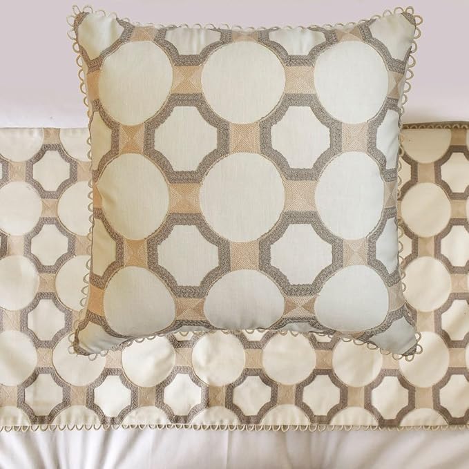 The HomeCentric King/Queen/Twin White, Beige & Grey Decorative Full 68"x18" Bed Runner with One Pillow Cover, Embroidered, Bouclet & Lace Bed Scarf on Cotton Fabric - Threaded Geometry