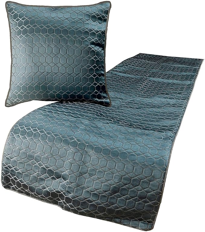 The HomeCentric King Queen Twin Blue Luxury Full 68"x18" Bed Runner with 2 Pillow Cover, Hexagon Pattern Bed Scarf on Jacquard Fabric - Hexagon Lagoon