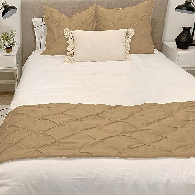 Bed Runner Set - 100% Pure Cotton 800 Thread Count - Luxury 1 Pinch Pleated Bed Runner and 2 Pillow Cover - 3 Piece Pinch Pleated Bed Runner Set Twin, Taupe