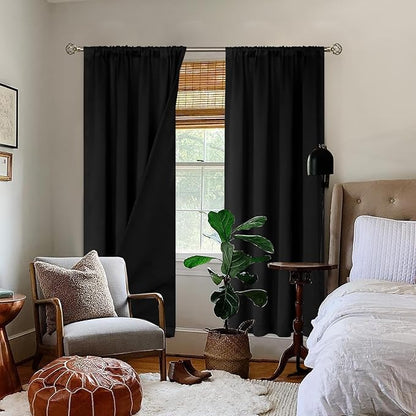 BGment 100% Blackout Curtains for Bedroom with Black Liner, Double Layer Full Room Darkening Thermal Insulated and Noise Reducing Rod Pocket Curtain (42 x 72 Inch, Black, 2 Panels)