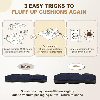 downluxe Indoor Chair Cushions for Dining Chairs, Tufted Overstuffed Textured Foam Kitchen Chair Pads with Ties and Non-Slip Backing, 15.5" x 15.5" x 4", Navy, 4 Pack