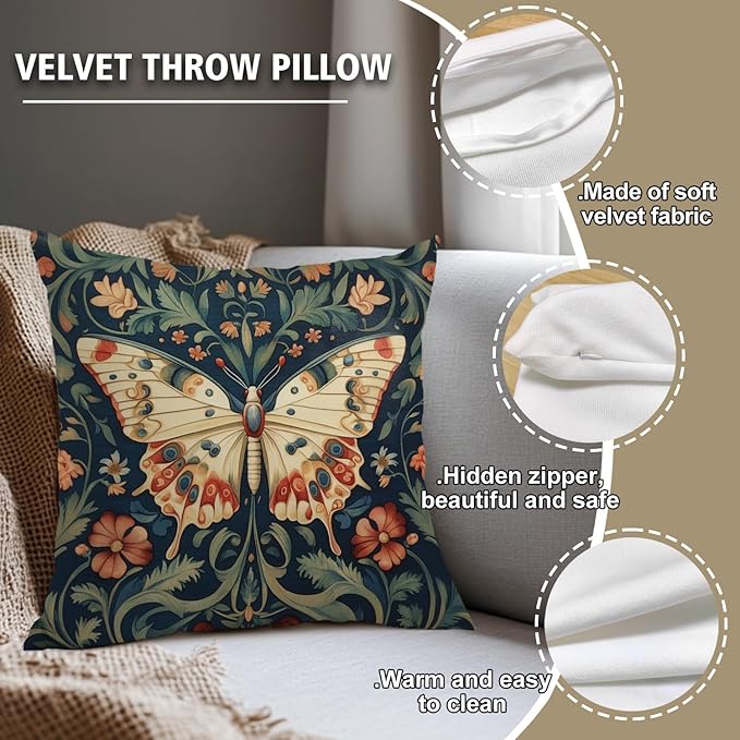 William Morris Abstract Vintage Floral Velvet Butterfly Design Throw Pillow Covers Home Decor, Retro Art Deco Pillowcase Cushion Cover for Bed Sofa Living Room, Square 18x18inch (Beige-Butterfly)