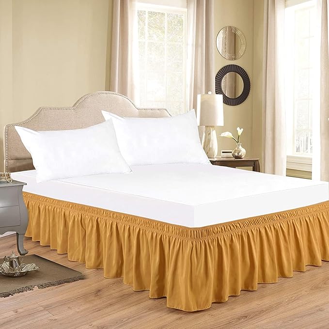 Gold Wrap Around Bed Skirts with 16" Drop - Three Sides Fabric Adjustable Elastic Dust Ruffle Silky Soft -600 TC Stretchy Bed Skirt-Olympic Queen(66"X 80") Gold