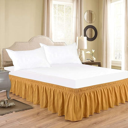 Gold Wrap Around Bed Skirts with 16" Drop - Three Sides Fabric Adjustable Elastic Dust Ruffle Silky Soft -600 TC Stretchy Bed Skirt-Olympic Queen(66"X 80") Gold