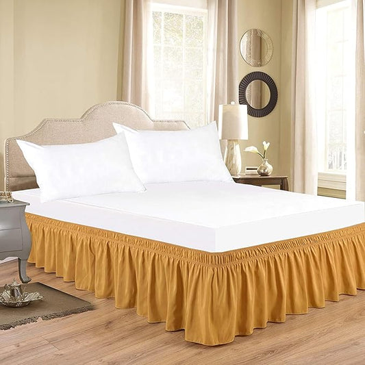 Gold Wrap Around Bed Skirts with 16" Drop - Three Sides Fabric Adjustable Elastic Dust Ruffle Silky Soft -600 TC Stretchy Bed Skirt-Olympic Queen(66"X 80") Gold
