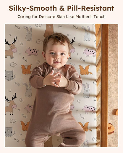 Pack and Play Sheets Fitted 3 Pack, Mini Crib Sheets for Pack N Play Mattress Stretchy Portable Playard Sheets, Soft Breathable Blue & Apricot Bear