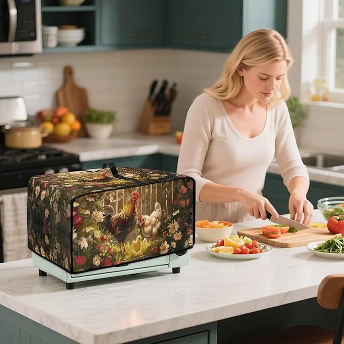 Air Fryer Toaster Oven Dust Cover with Side Pockets, Protective Countertop Microwave Oven Cover for Home Indoor Decor, M, 16.5 x 20.5 x 10 Inches, Rooster Chicken Daisy Print
