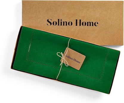 Solino Home Linen Garden Green Table Runner 108 Inches Long - 100% Pure Linen Hemstitch 14 x 108 Inch Table Runner for Dining, Christmas, Winter, New Year - Classic Hemstitch