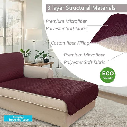 U-NICE HOME Sectional Couch Cover for Dogs Chaise Lounge Reversible Sofa Cover Furniture Protector Cover for Pets with Elastic Adjustable Strap (Chaise Lounge, Burgundy/Tan)