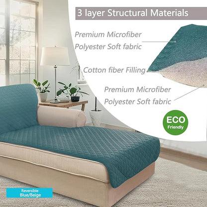 U-NICE HOME Sectional Couch Cover for Dogs Chaise Lounge Reversible Sofa Cover Furniture Protector Cover for Pets with Elastic Adjustable Strap (Chaise Lounge, Blue/Beige)
