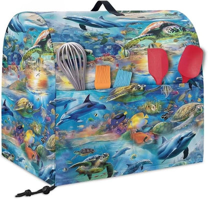Ocean Dolphin Turtle Print Mixer Cover Stand Mixer Dust Proof Covers with Handle and Front Pockets Kitchen Aid Mixer Cover for 4.5-5 Qt Mixer,Kitchen Coffee Maker Toaster Machine Dust Cover