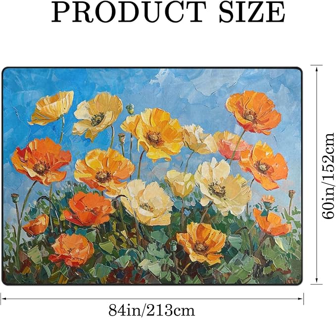 9CH Abstract Poppy Area Rug 7' X 5' Orange Yellow Poppies Rugs Non-Slip & Easy Care Flower Carpet for Living Room Kitchen Farmhouse Dorm Home Decor