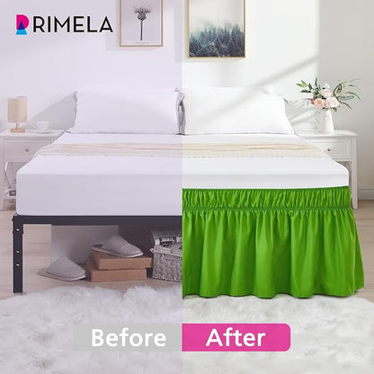 RIMELA Green Bed Skirt Queen Size 15 Inch Drop, Elastic Bed Skirting for Bed Base and Frame, Bedding Dust Ruffle Easy to Install, Lightweight Wrap Around Adjustable Bedskirt
