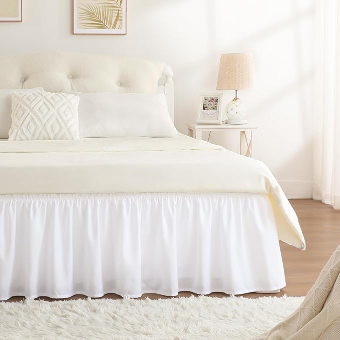 RIMELA White Bed Skirt Twin Size 15 Inch Drop, Elastic Bed Skirting for Bed Base and Frame, Bedding Dust Ruffle Easy to Install, Lightweight Wrap Around Adjustable Bedskirt