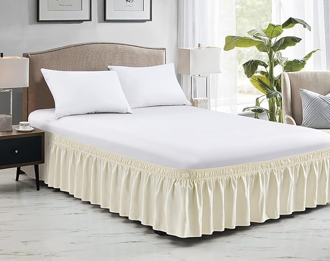 Ivory Wrap Around Bed Skirts with 16" Drop - Three Sides Fabric Adjustable Elastic Dust Ruffle Silky Soft -600 TC Stretchy Bed Skirt-Full(54"X 75") Ivory