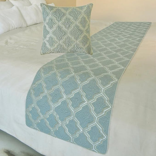 The HomeCentric King/Queen/Twin Light Blue Decorative Bed Runner Queen 74"x18" Bed Runner with One Pillow Cover, Quiled, Embroidery Bed Scarf on Jacquard Fabric - Estelle