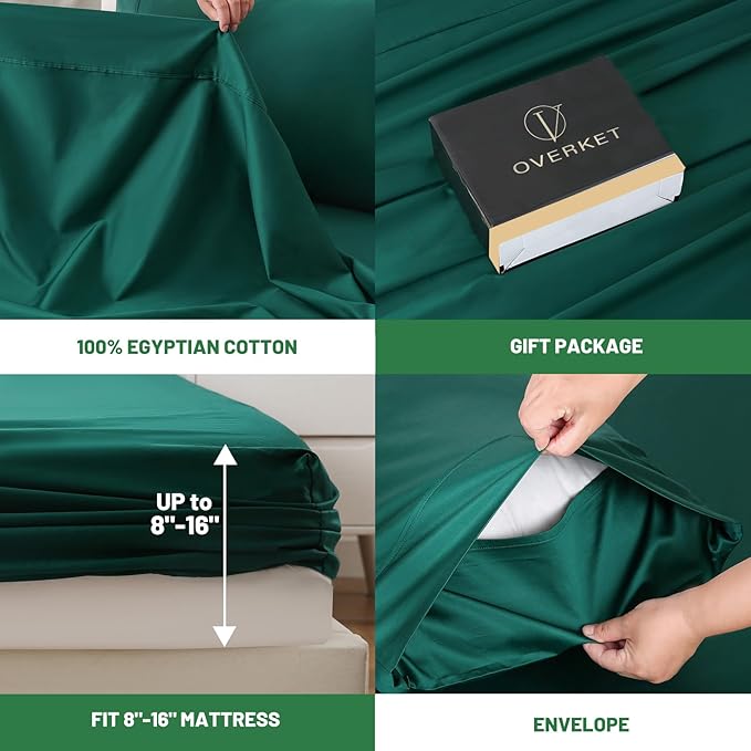 1000 Thread Count Egyptian Cotton Sheets Queen Size Set 4PCS Sateen Weave Soft Breathable 16-Inch Deep Pocket（Queen,Dark Green）
